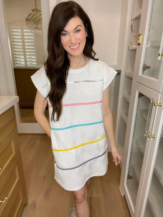 entro Dresses & Skirts - Entro White Textured Shift Dress with Pastel Sequin Stripe Accents